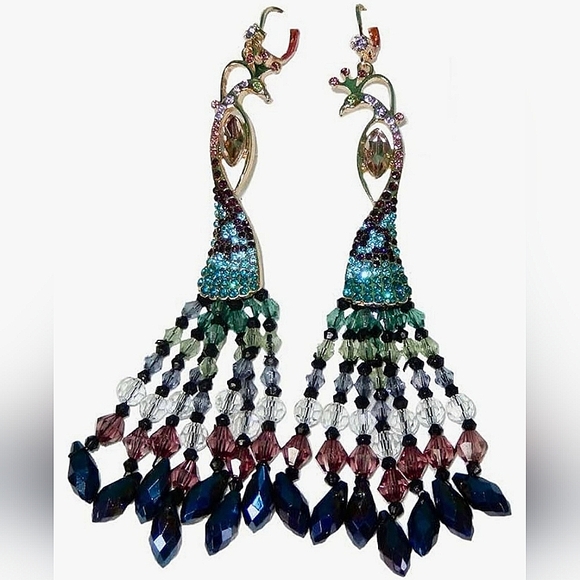 ☆Betsey Johnson Multicolored Peacock Rhinestone Beaded Statement Earrings☆ - Picture 1 of 3